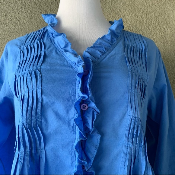 🔥5/$20🔥 “Jane Ashley” Blue Cotton Button-down Shirt with Pintucks Ruffles L - Picture 4 of 13